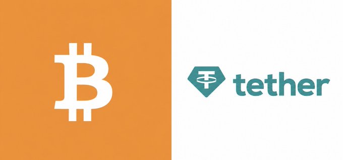 A side-by-side graphic showing the orange Bitcoin logo on the left and the teal Tether logo on the right.