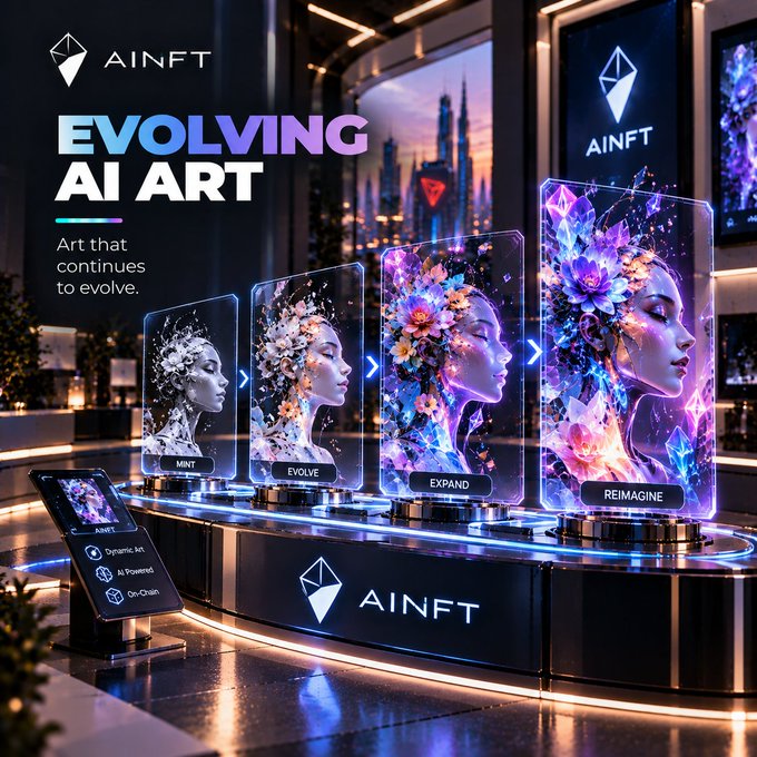 Promotional advertisement for 'AINFT' titled 'EVOLVING AI ART' featuring four holographic displays showing the artistic evolution stages: MINT, EVOLVE, EXPAND, and REIMAGINE.