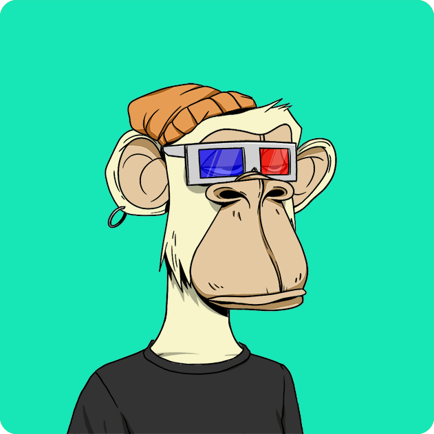 A cartoon illustration of a bored-looking monkey character wearing a brown beanie, 3D glasses, an earring, and a black t-shirt against a teal background, resembling a Bored Ape NFT.