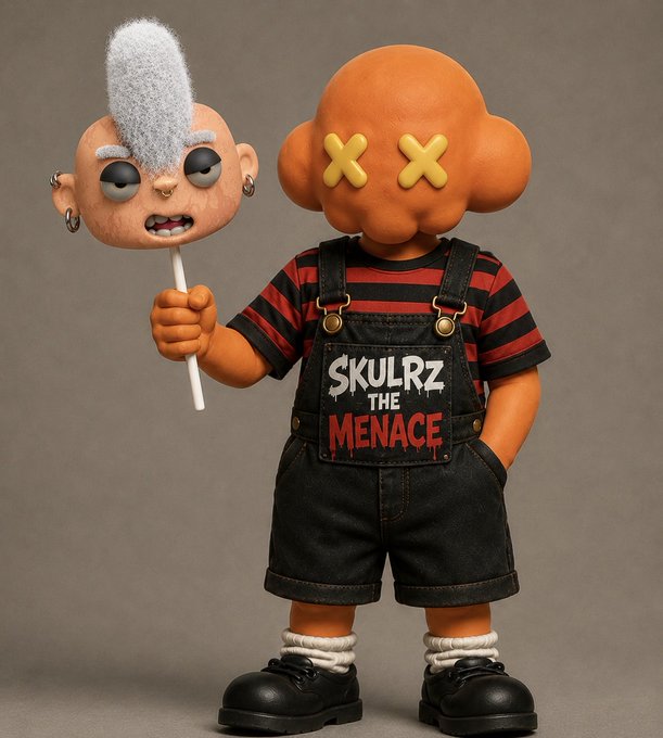 A cartoon figure with an orange head featuring X-shaped eyes wears black overalls labeled "SKULRZ THE MENACE" over a red and black striped shirt, holding up a mask-like head on a stick. The design aligns with the "Glitchkidz" and "Vein Skin" reference, featuring the punk-inspired aesthetic of a glitched-out, mischievous character often associated with the Skulrz NFT collection.
