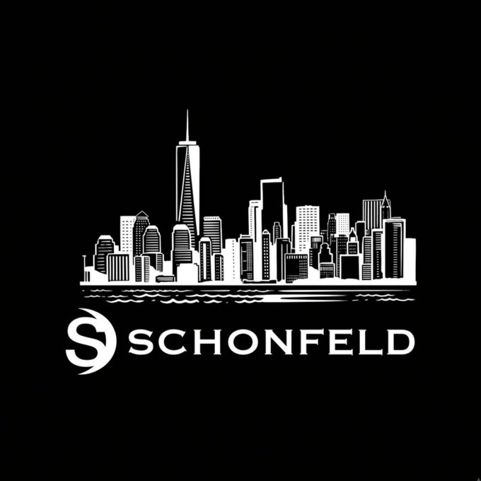 A black and white logo featuring a city skyline (including One World Trade Center) above the text 'SCHONFELD'.