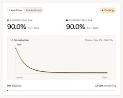 A "Launch fair" interface for a meme coin on the bonding curve shows the current buy and sell tax both at 90.0%, with 2h 0m elapsed and 3h 0m remaining until graduation. The image illustrates the mechanics of a newly launched meme coin bank on the Standard RSV platform, tying into the post's announcement of launching a meme coin bank with $STANDARD.