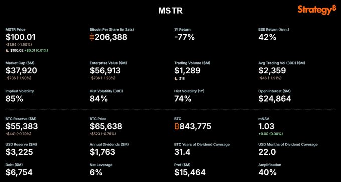 A financial dashboard for MSTR (MicroStrategy) showing stock price at $100.01, market cap of $37,920M, Bitcoin holdings of 206,388 BTC valued at $55,383M, YTD return of -77%, and BSE return of 42%, from Strategy.com.
