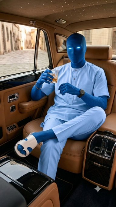 A blue-skinned humanoid figure in a light blue outfit relaxes in the luxurious backseat of a vehicle, sipping from a glass of whiskey and wearing white sneakers.

The image complements the post's motivational message about showing up consistently, with the relaxed, confident humanoid embodying a sense of accomplishment and gratitude, while the luxury vehicle interior suggests the rewards that come with persistent effort.