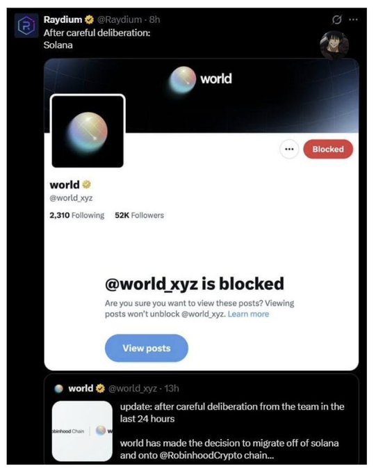 A tweet from Raydium (@Raydium) states 'After careful deliberation: Solana' and shows a blocked account for 'world' (@world_xyz) announcing a migration off Solana and onto RobinhoodCrypto chain.