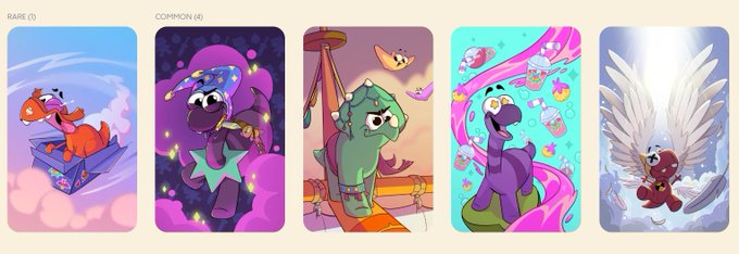 A row of five collectible digital cards featuring cartoon dinosaurs, labeled 'RARE (7)' and 'COMMON (4)', depicting various scenes including flying, magic, and a winged creature.