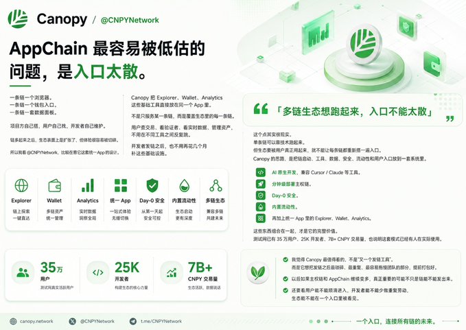 The image is a marketing infographic from Canopy (@CNPYNetwork) discussing how AppChain's fragmented entry points (separate Explorer, Wallet, Analytics, Unified App, Day-0 Security, Built-in Liquidity, and Multi-chain Ecosystem) hinder ecosystem growth, featuring statistics like 350K users, 25K developers, and 7B+ CNPY transaction volume, and promoting their solution of consolidating these tools into one unified entry point.