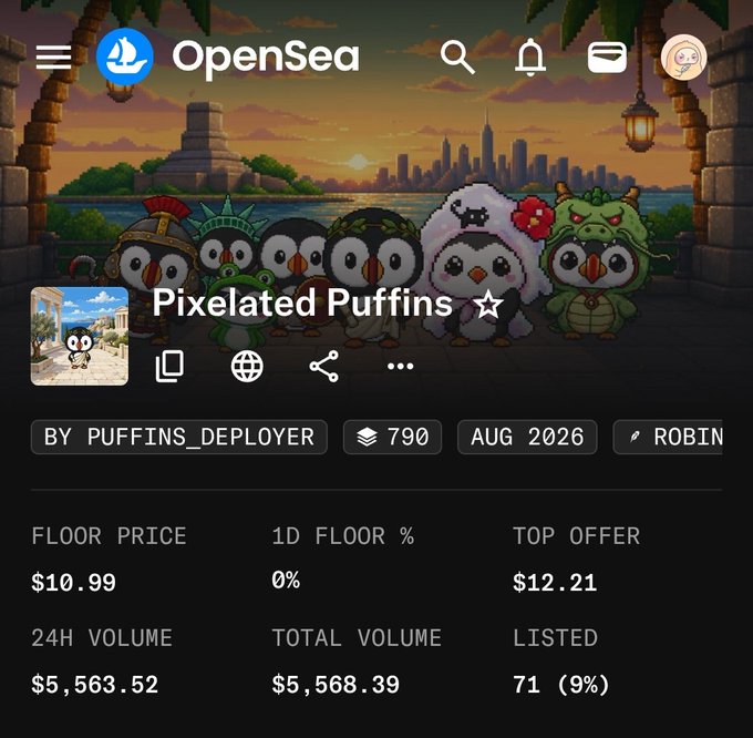 A screenshot from OpenSea showing a collection called 'Pixelated Puffins' with a floor price of $10.99, top offer of $12.21, 24H volume of $5,563.52, and 71 items listed, created by 'PUFFINS_DEPLOYER' on the Robin network.