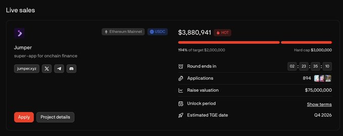 A crypto launchpad 'Live sales' page showing a project called 'Jumper' (super-app for onchain finance) with $3,880,941 raised, a $75,000,000 raise valuation, and a Q4 2026 TGE date.