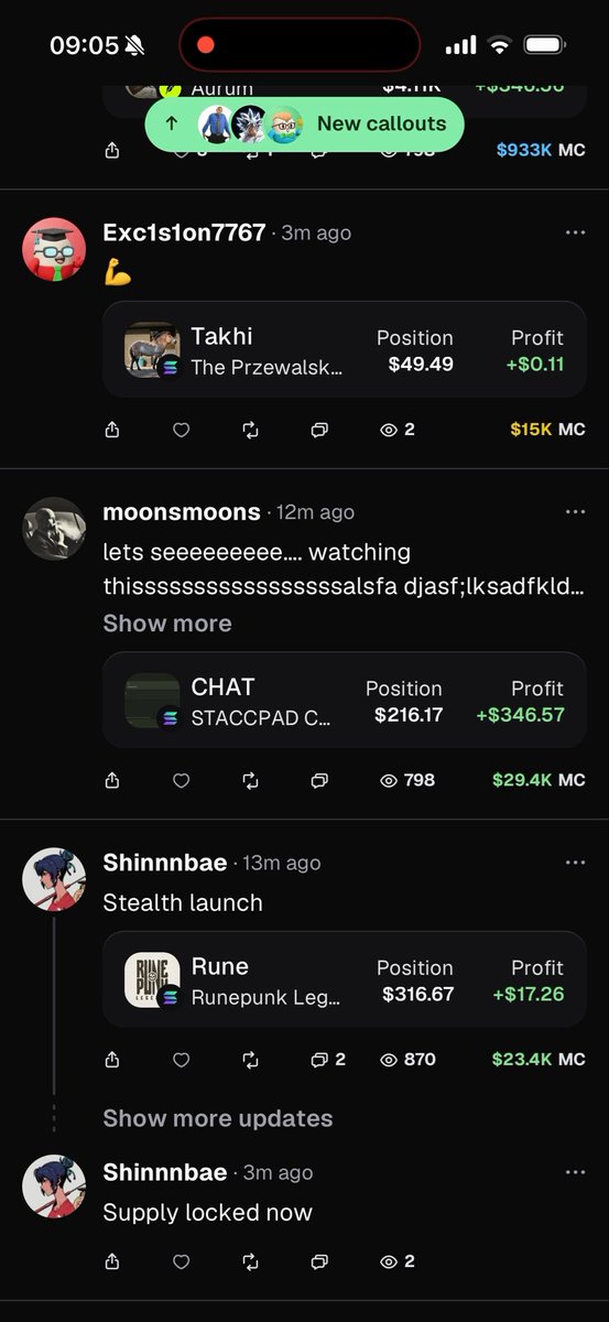 A mobile app feed (appears to be Axiom) displaying user posts with crypto trading callouts, including posts from Exc1s1on7767, moonsmoons, and Shinnnbae featuring tokens like Takhi, CHAT, and Rune with profit figures.