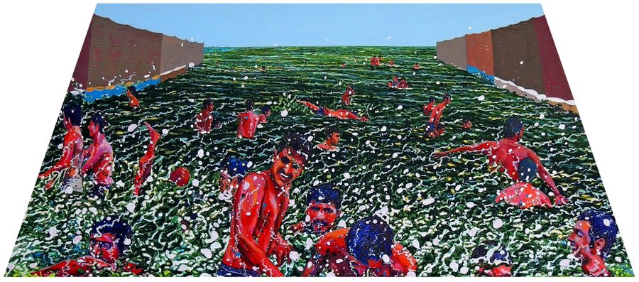 A vibrant, expressionistic painting depicting numerous red-skinned figures bathing or swimming in a green and white speckled body of water bordered by walls.