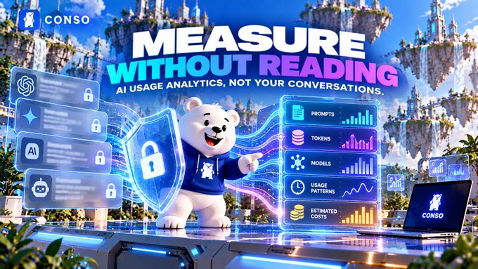A promotional graphic for "CONSO" featuring a cartoon polar bear mascot beside floating holographic screens displaying "MEASURE WITHOUT READING" and "AI USAGE ANALYTICS, NOT YOUR CONVERSATIONS," with stats for prompts, tokens, models, usage patterns, and estimated costs.