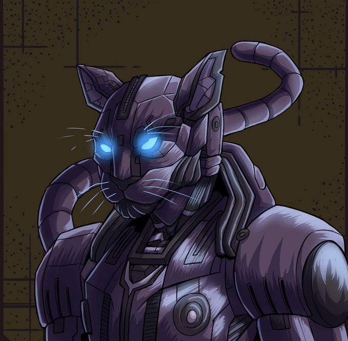 A digital illustration depicts a robotic or armored feline figure with glowing blue eyes and segmented tubes extending from its head, set against a textured dark background.