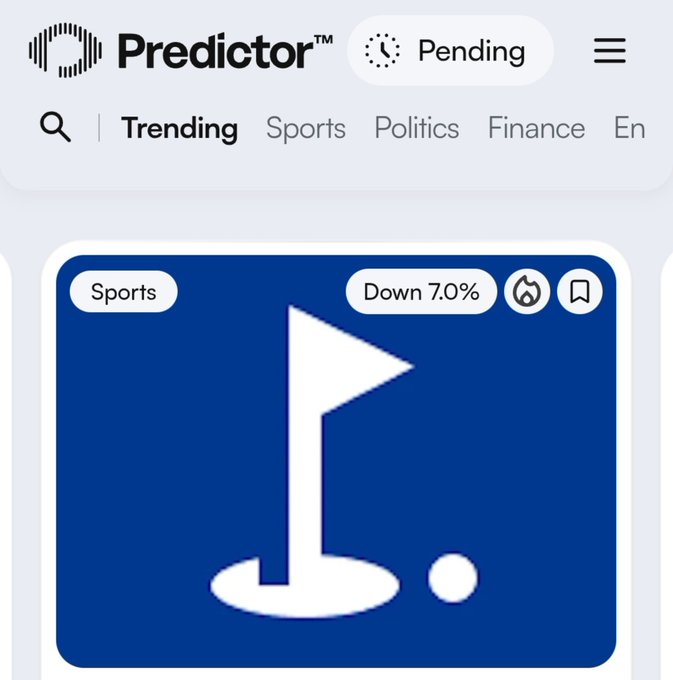 A mobile screenshot of the 'Predictor' app showing a 'Sports' trending item marked 'Down 7.0%' with a golf flag icon on a blue background.