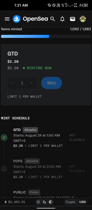 A mobile OpenSea app screenshot shows an active mint for the 'GTD' NFT collection at $2.20, with a mint schedule listing GTD and FCFS allowlist mints starting August 24.