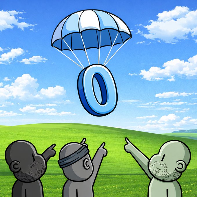A cartoon-style illustration shows three gray figures in a grassy field pointing up at a blue parachute delivering a large blue 'O' or zero letter against a cloudy blue sky.