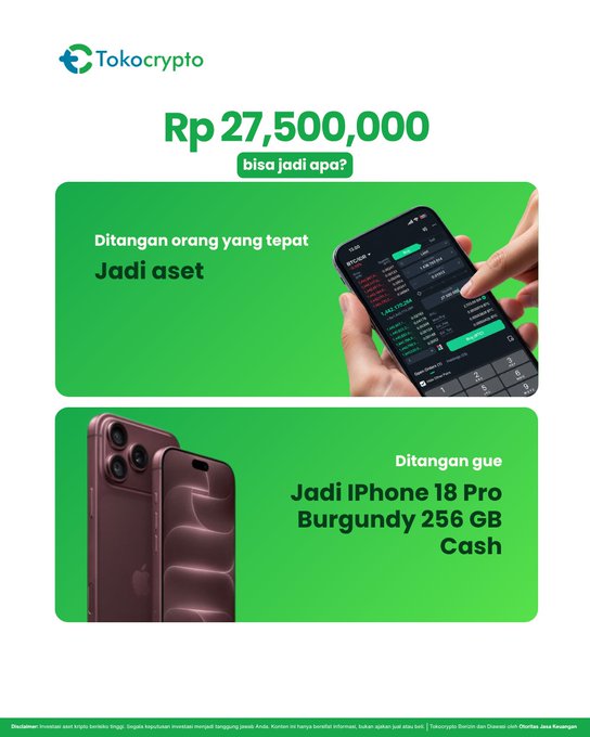 This Tokocrypto ad poses the question "Rp 27,500,000 — what could it become?" contrasting how the "right person" could turn it into a digital asset investment (shown via their crypto trading app) versus how it might just become an iPhone 18 Pro Burgundy 256GB cash purchase in someone else's hands. The visual reinforces the post's theme of investment versus self-reward, encouraging viewers to see the money as a growth opportunity through Tokocrypto rather than a splurge.