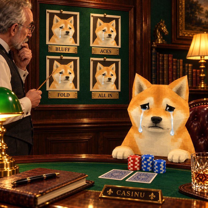 A digitally created image of a sad Shiba Inu dog crying at a casino poker table, with a board behind displaying four Shiba faces labeled 'BLUFF', 'ACES', 'FOLD', and 'ALL IN', alongside a man in a vest observing.