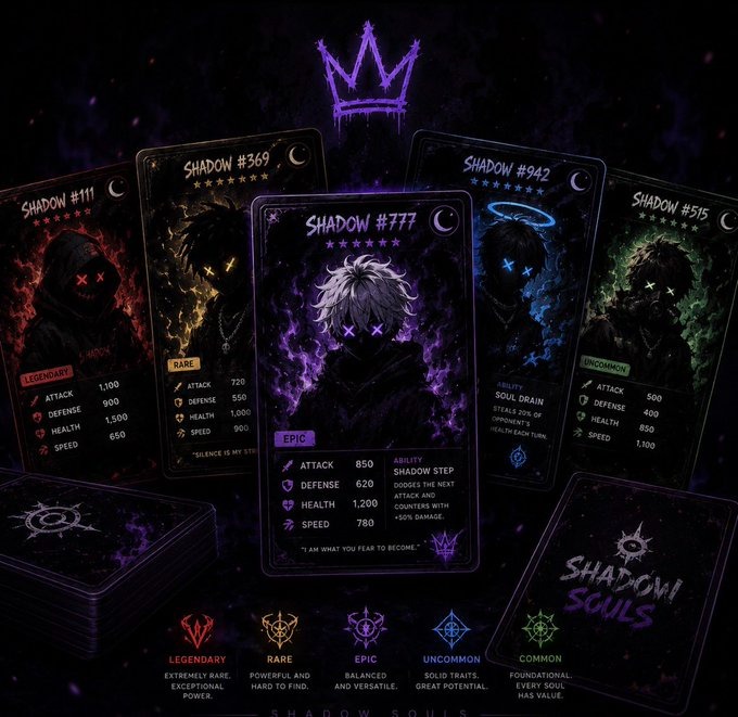 Promotional graphic for the "Shadow Souls" NFT collection by @ShadowonRH on Robinhood, showcasing five shadowy character cards (#111, #369, #777, #942, #515) across Legendary, Rare, Epic, Uncommon, and Common rarity tiers, with #777 highlighted as the centerpiece featuring stats like 850 Attack and a "Shadow Step" ability.