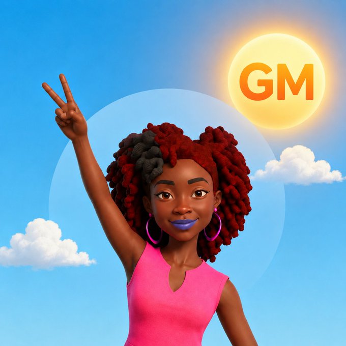 A 3D rendered character with red and black textured hair, purple lipstick, and hoop earrings, raising a peace sign in a pink top with a yellow 'GM' sun in the background.