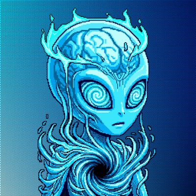 The image features an alien character with blue skin, eyes, and tentacles. The character appears to be floating or hovering above water, possibly a river or ocean. The background of the image has a gradient effect, transitioning from dark to light shades. There is also text in the image that reads "I said if I won a 1/1 in the Void raffle, I'd change my PFP. I'm a man of my word." This suggests that there might be some sort of contest or challenge related to the Void raffle, and the alien character has decided to participate by changing its appearance as a form of protest against the Void raffle's rules.