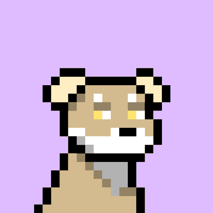 A pixel art illustration of a tan and white dog character with yellow eyes, wearing a light blue scarf, set against a light purple background.