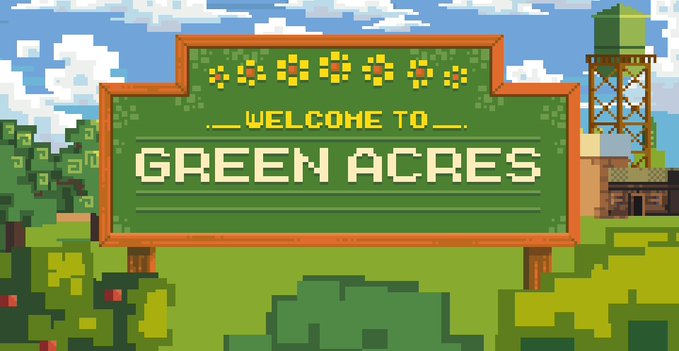 The image features a green sign with white text that reads "Welcome To Green Acres". The sign is located at the bottom of an image depicting a town scene, including trees and buildings. The background includes a water tower and other elements typical of a small town setting.