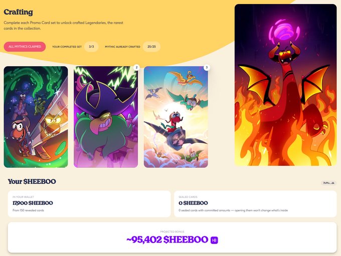 A 'Crafting' screen from a digital game featuring colorful trading card artwork, including a prominent red dragon, and text indicating 'YOUR SHEEBOO' balance is '17,100' and 'PROJECTED BONUS ~95,402 SHEEBOO'.