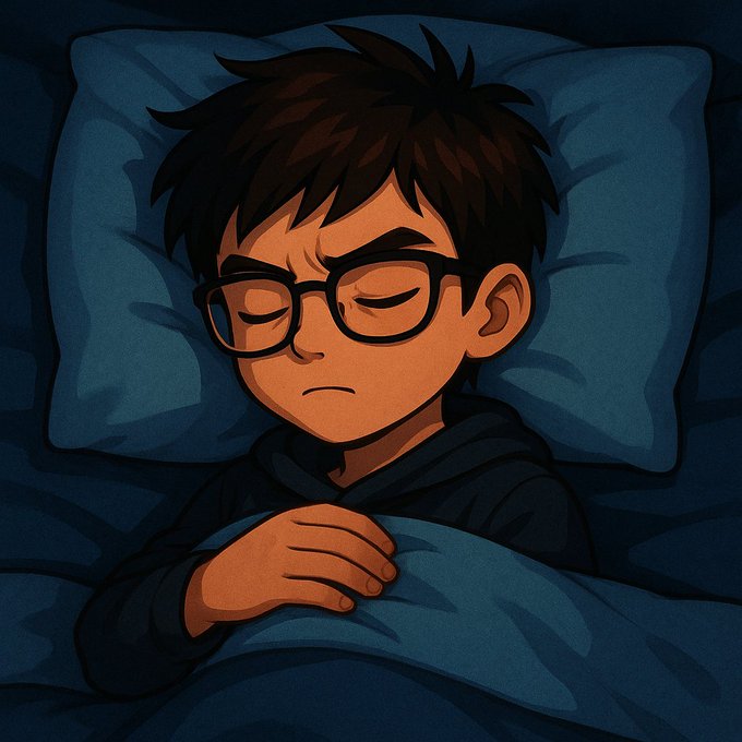 A cartoon-style boy with glasses sleeps restlessly under blue covers, frowning in apparent discontent. The image pairs with the post's request for a "good night" message, depicting the ideal sleeper that the poster humorously claims to be, while promoting @Velvet_Capital.