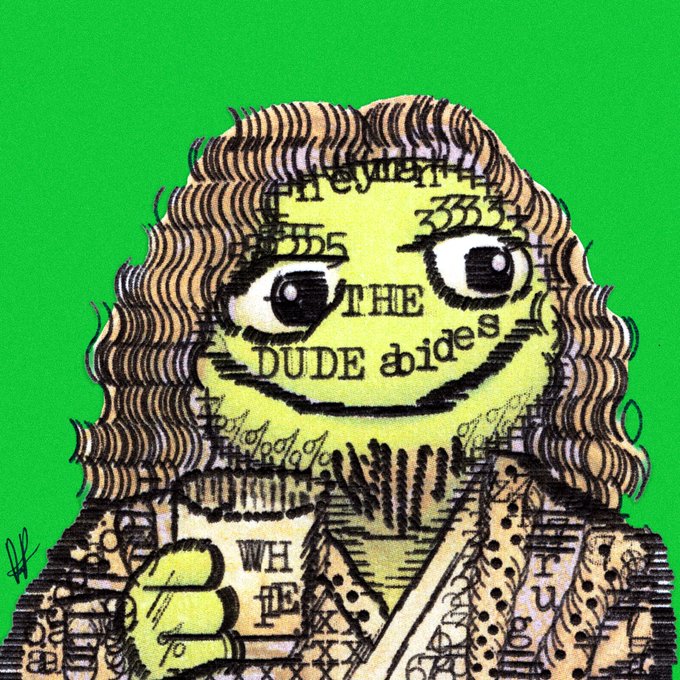 A stylized illustration featuring a character with orange hair on a green background, with text overlaid including 'THE DUDE abides' and 'Wh[e]rey [man can not]'.