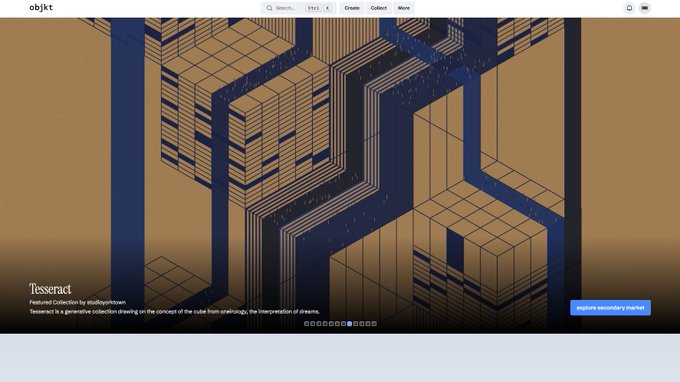 The image shows the front page of objkt.com featuring a generative art piece titled "Tesseract" by studioterroiseau, displayed as a geometric composition of cubes with blue, tan, and dark color patterns illustrating the concept of dreams. The accompanying tweet celebrates this featured artist collection being showcased on the platform's homepage.