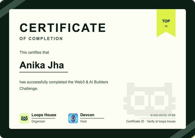A 'Certificate of Completion' awarded to 'Anika Jha' for successfully completing the Web3 & AI Builders Challenge, issued by Loops House and Devcon.