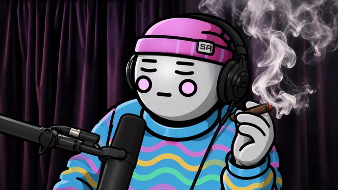A cartoon illustration of a character with a white mask-like face, wearing a pink 'SR' beanie, headphones, and a colorful striped sweater, smoking a cigar and speaking into a microphone.
