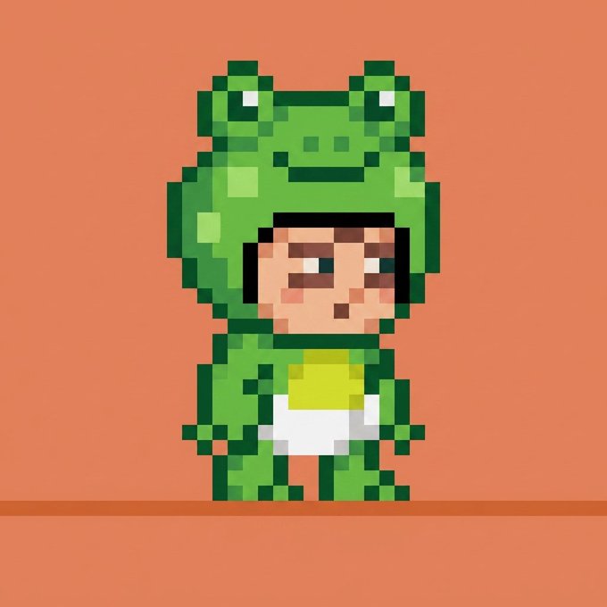 A pixel art illustration of a character wearing a green frog-themed hooded onesie or costume, standing against a solid orange background.