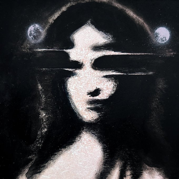 A dark, moody digital painting of a face with closed or obscured eyes, featuring abstract white and pink tones with two moon-like orbs floating in the upper corners.