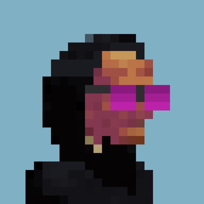 A heavily pixelated portrait of a person wearing pink/purple sunglasses, rendered in a blocky, low-resolution style against a solid gray-blue background.