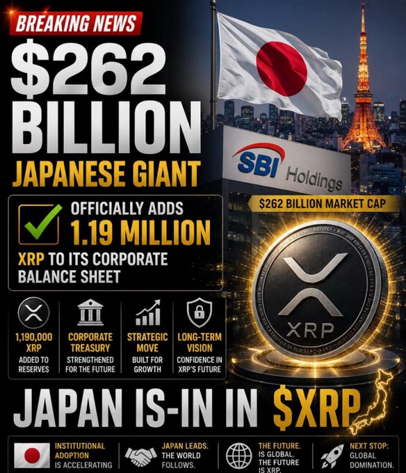 The image features a large amount of text in a variety of fonts, discussing Bitcoin. The headline reads "BREAKING NEWS $264BILLION JAPANESE GIANT JUBBERIAN XRP IS-IN". The image also has a picture with Japanese writing on it and the word "XRP" written below it. The post seems to be promoting Bitcoin, possibly highlighting how Japan's financial giant IBM holds a significant amount of Bitcoin. However, there is no visible Bitcoin in the image or any other text related to theBitcoin itself; it only contains information about Bitcoin holders, Japanese giant, and the XRP coin.