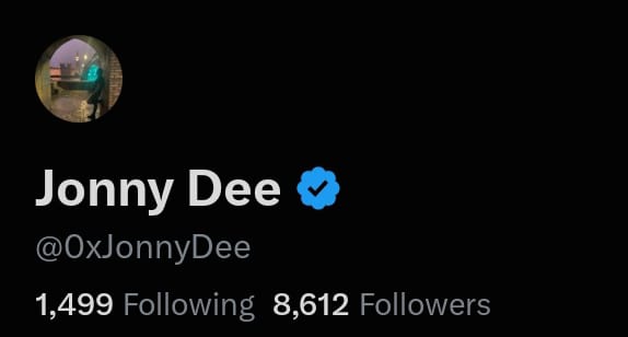 A Twitter/X profile for 'Jonny Dee' (@0xJonnyDee) with a blue verified checkmark, showing 1,499 Following and 8,612 Followers, with a profile picture of a person on a city street at night.