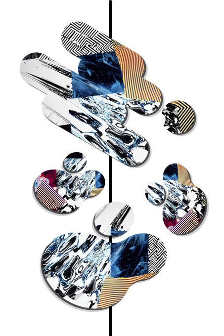 A mobile sculpture by Transient Labs features abstract, amoeba-like forms suspended from a central rod, each composed of marbled blues, blacks, oranges, and geometric patterns. The artwork, titled "The Quiet Reshaping," is being offered for auction with a minimum bid of 0.07 ETH, its composition of shifting, dynamic shapes reflecting the idea of gradual transformation.