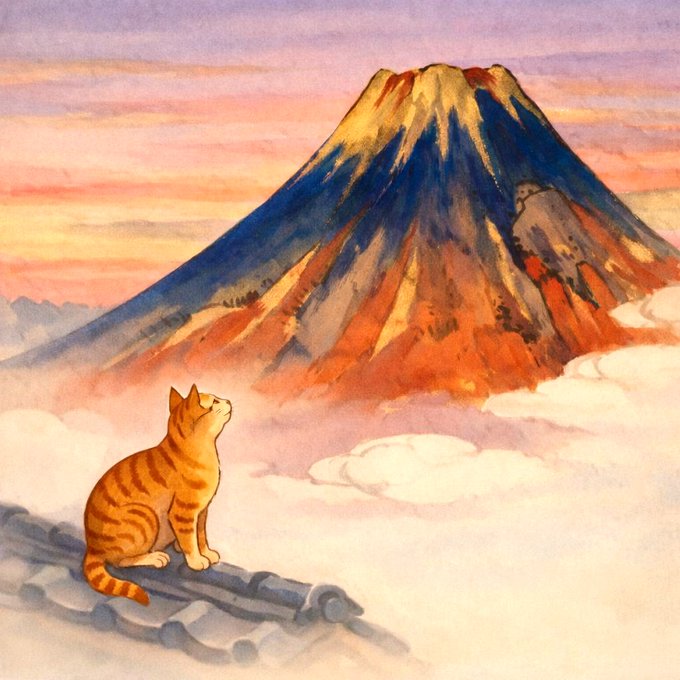 A watercolor-style illustration of an orange tabby cat sitting on a tiled rooftop, gazing up at a snow-capped Mount Fuji at sunset.