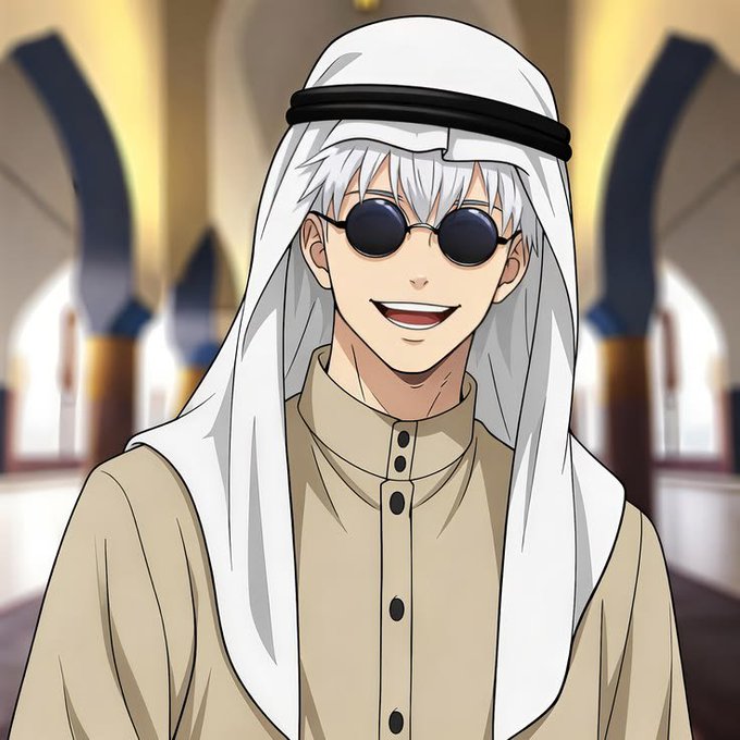 An anime-style illustration depicts a smiling young man with silver hair wearing round dark sunglasses, a white head covering with a black band, and a beige traditional buttoned tunic, set against an arched architectural background.