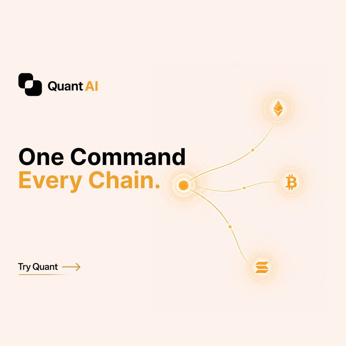 A minimalist advertisement for 'Quant AI' with the tagline 'One Command Every Chain.' and icons for Ethereum, Bitcoin, and Solana, with a 'Try Quant' call-to-action.