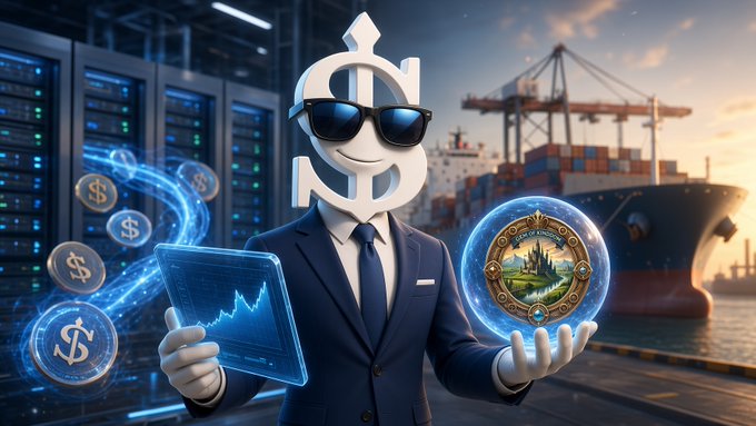A suited figure with a dollar sign face and sunglasses holds a holographic tablet showing a rising chart in one hand and a glowing coin depicting a harbor town in the other, set against a backdrop of data servers and a shipping port. Surrounding dollar coins and the port imagery visually reinforce the post's message about EthraShip's real-world shipping revenue since 2021 and its tokenized assets ("Sea Verity" and "Harbor") being backed by tangible cargo operations rather than speculative hype.