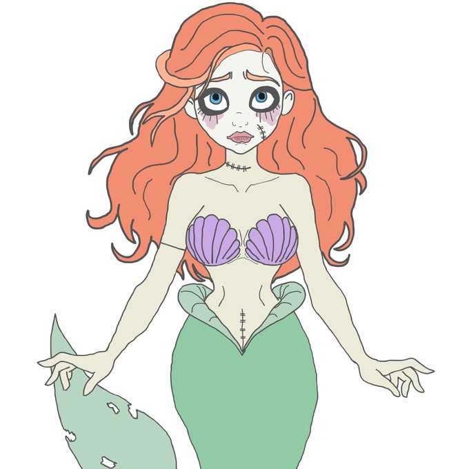 A stylized cartoon drawing of a melancholic mermaid with long orange hair, stitched scars on her face and torso, wearing a purple seashell top and green tail, with a sad expression and large blue eyes.