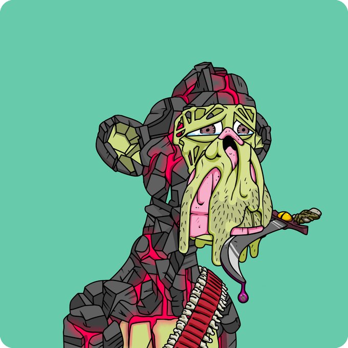 A cartoon illustration of a grotesque, zombie-like character with green skin, a melting face, and horns, holding a dagger against a solid teal background.
