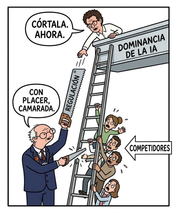 A political cartoon in Spanish shows Warren Buffett holding a saw labeled 'REGULACIÓN' cutting a ladder labeled 'DOMINANCIA DE LA IA', with politicians shouting 'CÓRTALA. AHORA.' and 'CON PLACER, CAMARADA.' while 'COMPETIDORES' climb the ladder.