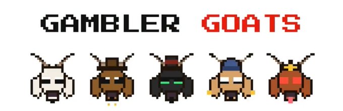 Pixel art titled 'GAMBLER GOATS' showing five goat characters with different hats and accessories.