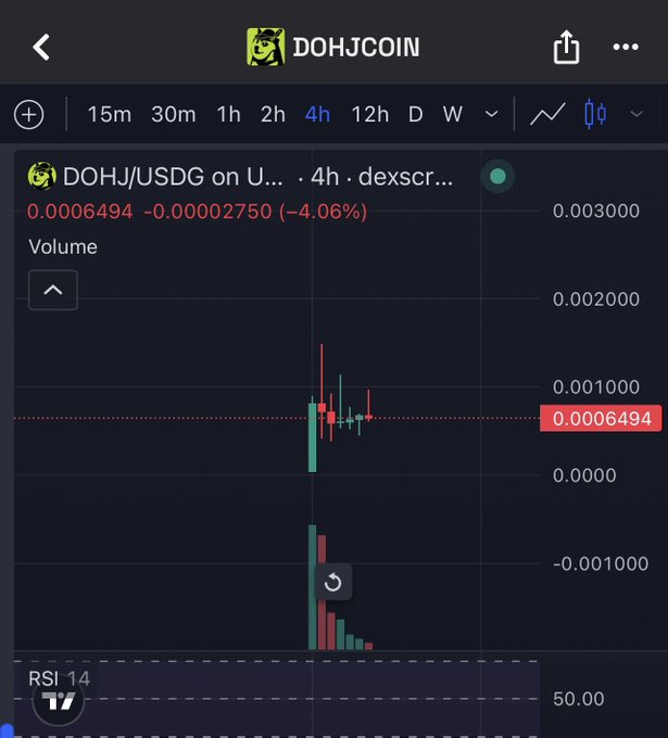 A dark-themed DOHJCOIN trading chart shows DOHJ/USDG on a 4-hour timeframe, priced at 0.0006494 and down 4.06%, with volume bars and an RSI 14 indicator visible.
