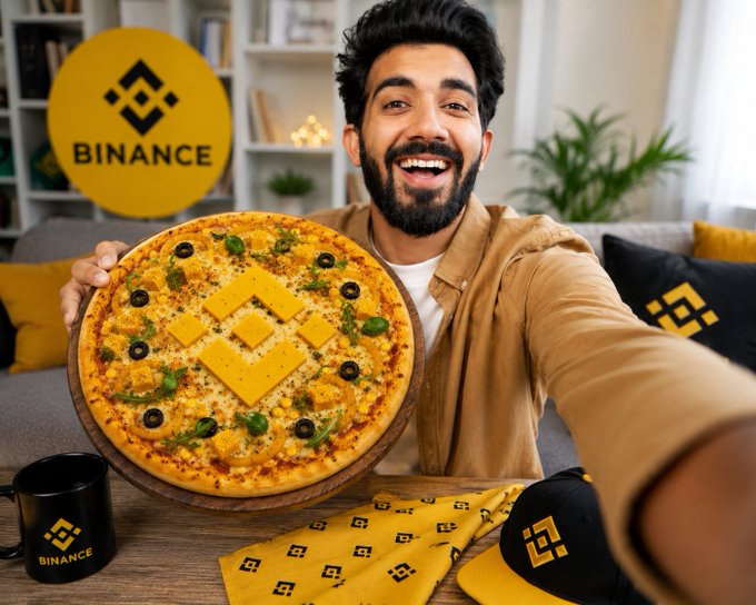 The image features a man holding up a large pizza, which has a unique design of squares instead of traditional triangular slices. The pizza appears to be topped with olives as well. In the background, there are two potted plants adding greenery to the scene. The man is wearing a brown jacket and a hat, giving him a casual appearance. The post caption reads: "Okay this pizza selfie actually turned out kinda fire Tried to match the whole Binance yellow vibe with the pizza and I’m not even mad at the result #BinancePizza".