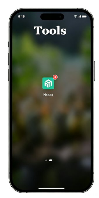 Mockup of an iPhone home screen showing the 'Tools' folder with a single app icon labeled 'Nabox' that has a red notification badge.